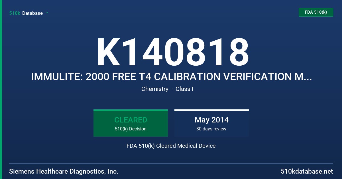 K140818 IMMULITE: 2000 FREE T4 CALIBRATION VERIFICATION MATERIAL, 2000 IGF-I CALIBRATION VERIFICATION MATERIAL, 2000 PROLACTIN C FDA 510(k) Cleared Medical Device