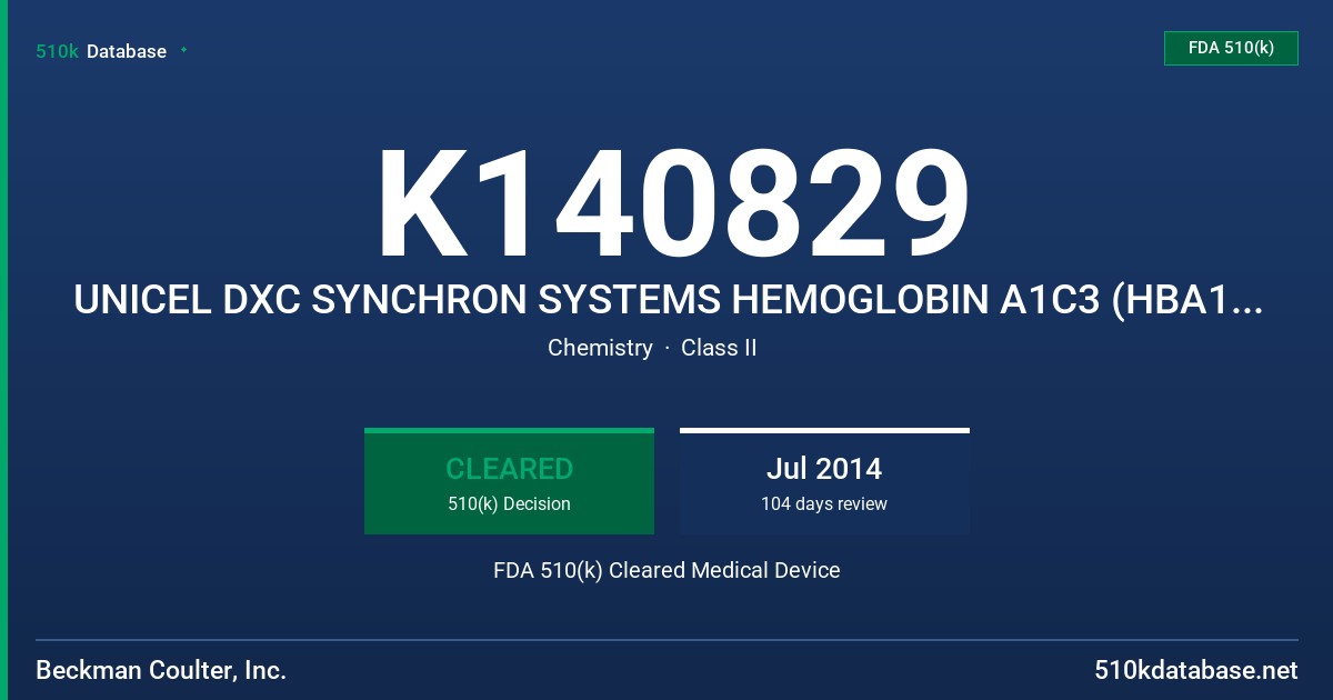 K140829 UNICEL DXC SYNCHRON SYSTEMS HEMOGLOBIN A1C3 (HBA1C3) REAGENT FDA 510(k) Cleared Medical Device