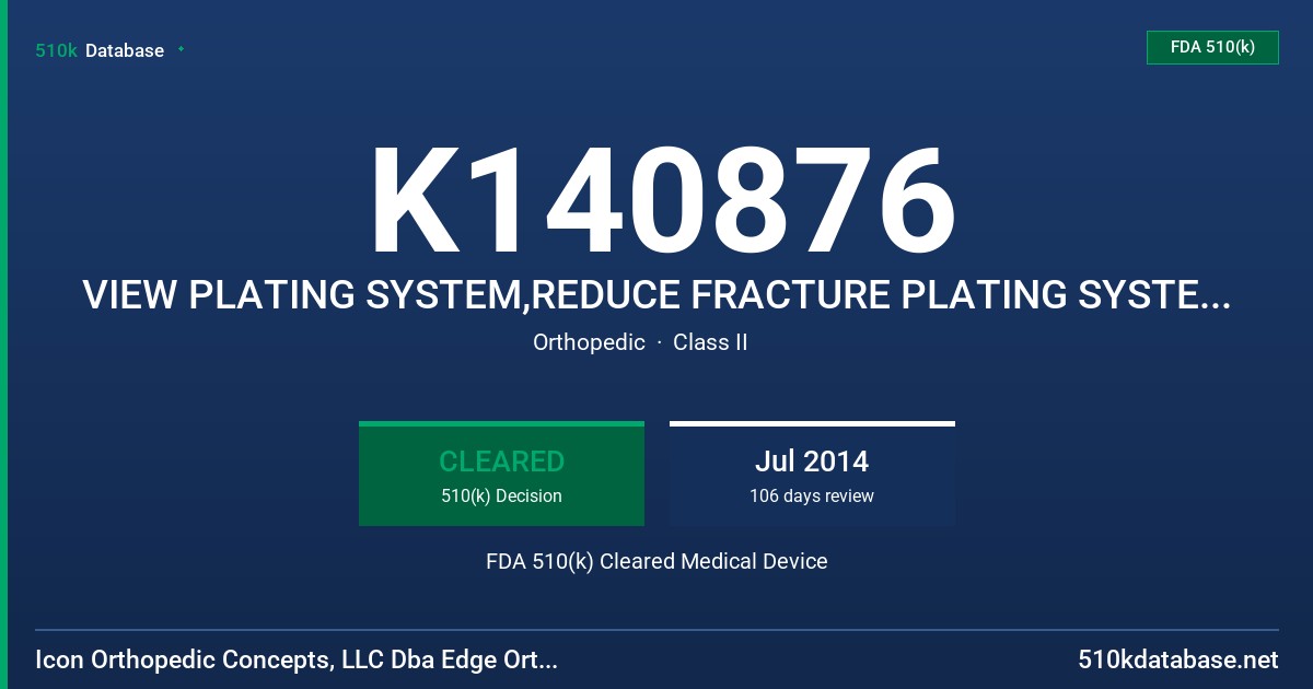 K140876 VIEW PLATING SYSTEM,REDUCE FRACTURE PLATING SYSTEM,BONE SCREW FDA 510(k) Cleared Medical Device