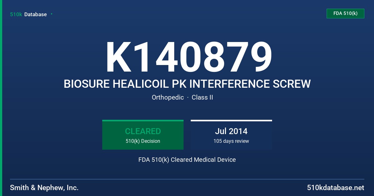 K140879 BIOSURE HEALICOIL PK INTERFERENCE SCREW FDA 510(k) Cleared Medical Device