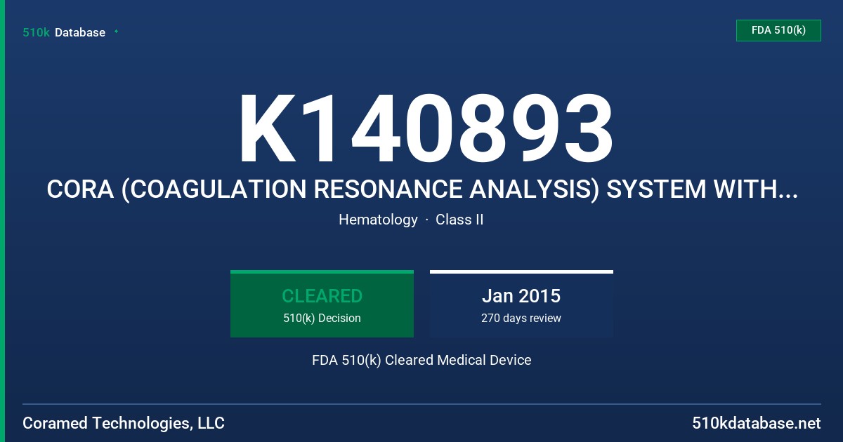 K140893 CORA (COAGULATION RESONANCE ANALYSIS) SYSTEM WITH PLATELET MAPPING ASSAY FDA 510(k) Cleared Medical Device