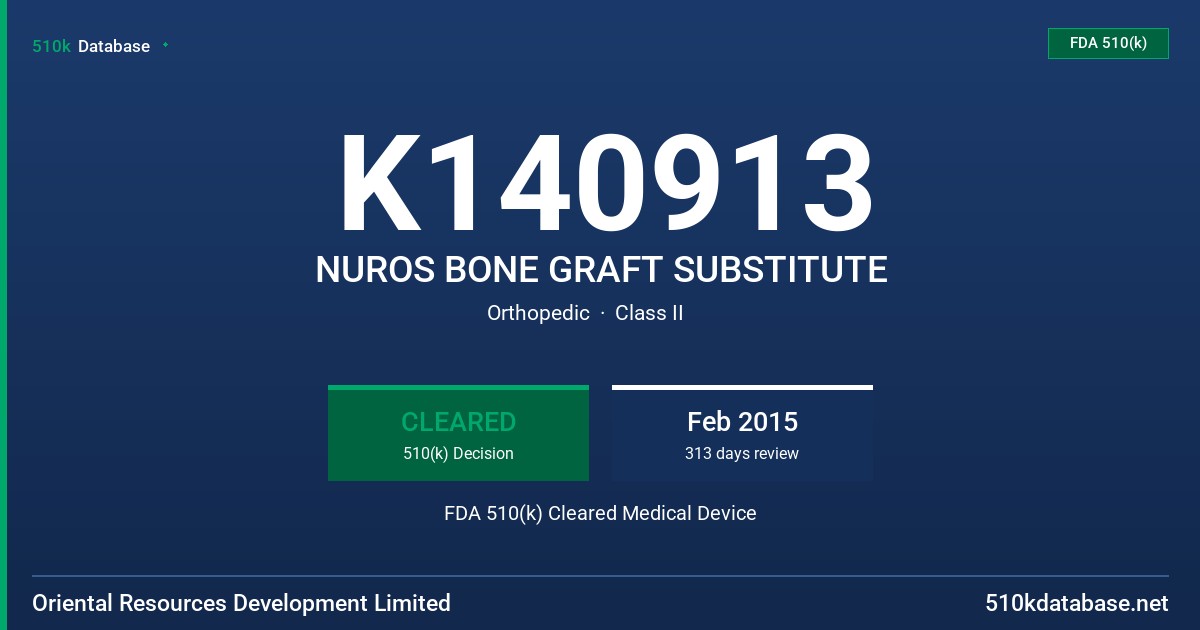 K140913 NUROS BONE GRAFT SUBSTITUTE FDA 510(k) Cleared Medical Device