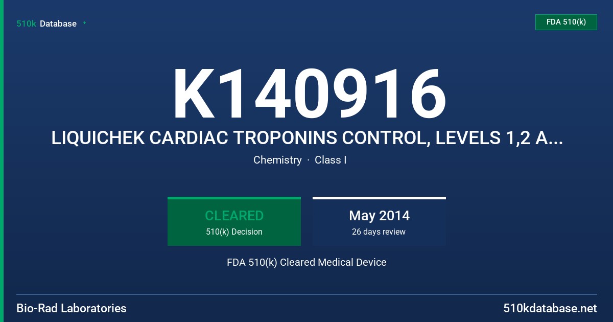 K140916 LIQUICHEK CARDIAC TROPONINS CONTROL, LEVELS 1,2 AND 3, TRILEVEL/MINIPAK FDA 510(k) Cleared Medical Device