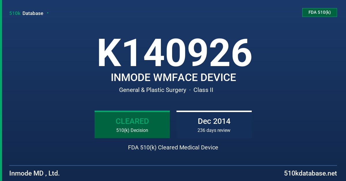 K140926 INMODE WMFACE DEVICE FDA 510(k) Cleared Medical Device