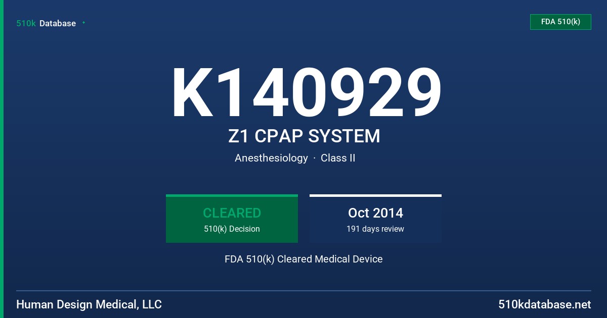 K140929 Z1 CPAP SYSTEM FDA 510(k) Cleared Medical Device