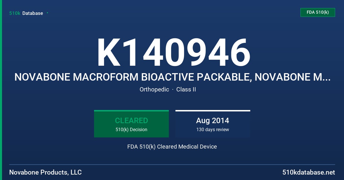 K140946 NOVABONE MACROFORM BIOACTIVE PACKABLE, NOVABONE MACROFORM BIOACTIVE COMPOSITE FDA 510(k) Cleared Medical Device
