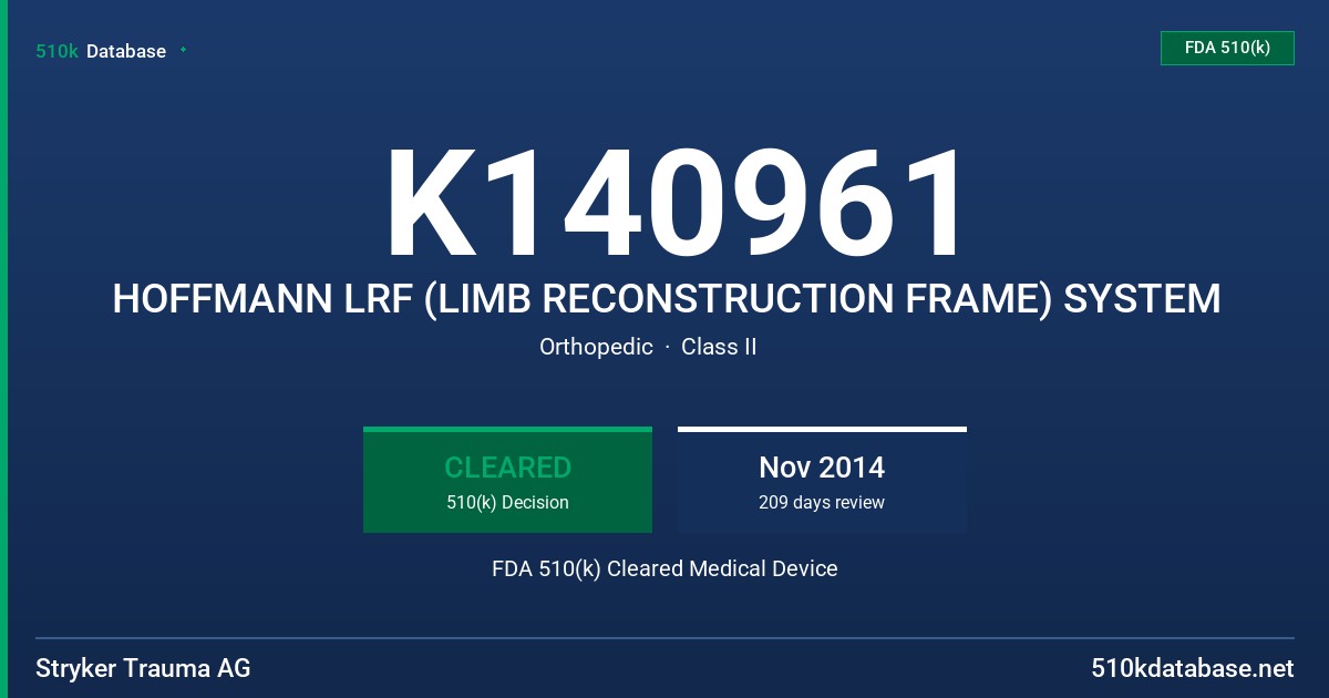 K140961 HOFFMANN LRF (LIMB RECONSTRUCTION FRAME) SYSTEM FDA 510(k) Cleared Medical Device