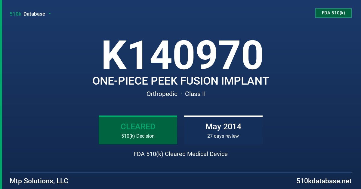 K140970 ONE-PIECE PEEK FUSION IMPLANT FDA 510(k) Cleared Medical Device