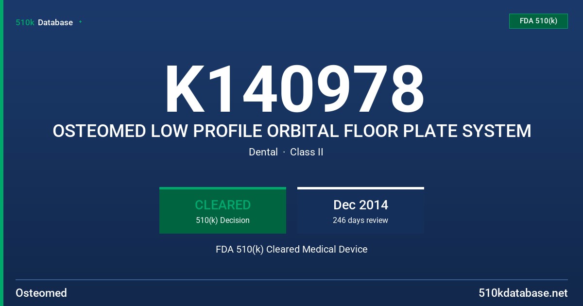 K140978 OSTEOMED LOW PROFILE ORBITAL FLOOR PLATE SYSTEM FDA 510(k) Cleared Medical Device