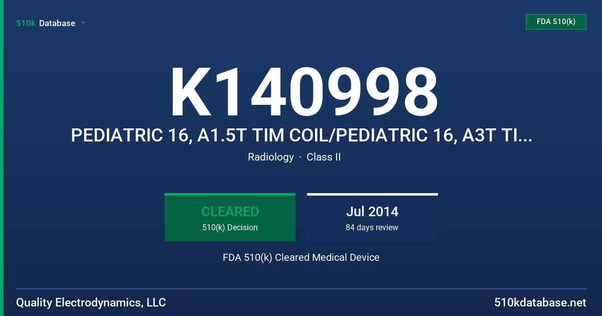K140998 PEDIATRIC 16, A1.5T TIM COIL/PEDIATRIC 16, A3T TIM COIL FDA 510(k) Cleared Medical Device