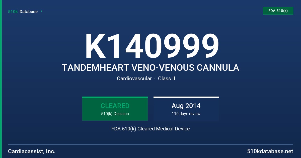 K140999 TANDEMHEART VENO-VENOUS CANNULA FDA 510(k) Cleared Medical Device