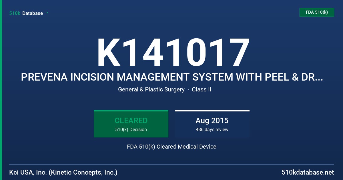K141017 PREVENA INCISION MANAGEMENT SYSTEM WITH PEEL & DRESSING, PREVENA INCISION MANAGEMENT SYSTEM WITH CUSTOMIZABLE DRESSING, FDA 510(k) Cleared Medical Device