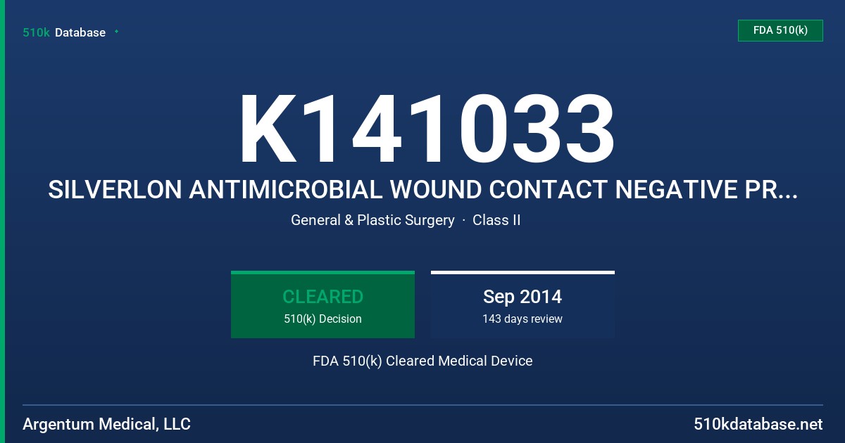 K141033 SILVERLON ANTIMICROBIAL WOUND CONTACT NEGATIVE PRESSURE DRESSINGS, SILVERLON EASY AG ANTIMICROBIAL WOUND CONTACT NEGATIV FDA 510(k) Cleared Medical Device