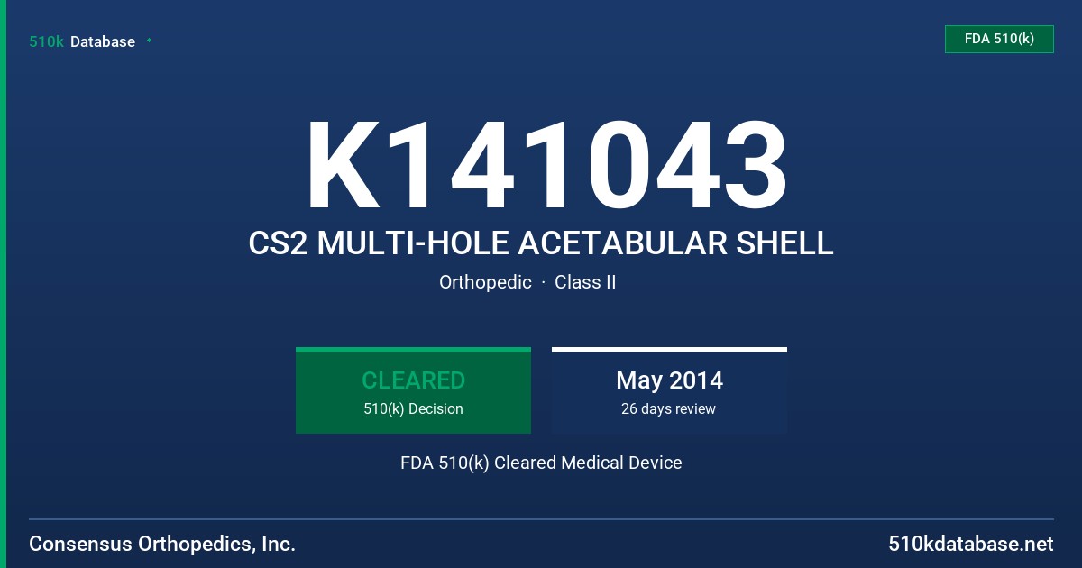 K141043 CS2 MULTI-HOLE ACETABULAR SHELL FDA 510(k) Cleared Medical Device
