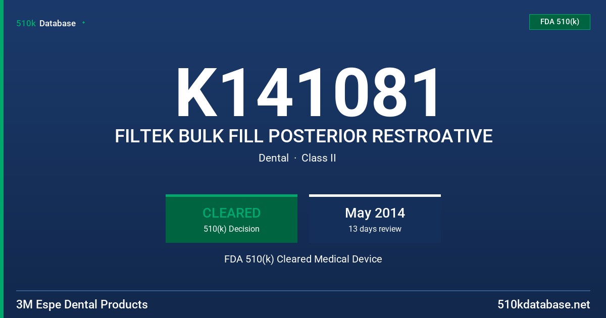 K141081 FILTEK BULK FILL POSTERIOR RESTROATIVE FDA 510(k) Cleared Medical Device