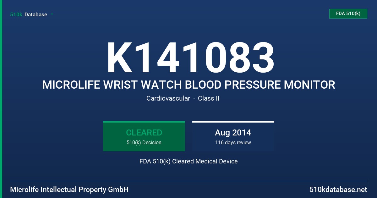 K141083 MICROLIFE WRIST WATCH BLOOD PRESSURE MONITOR FDA 510(k) Cleared Medical Device