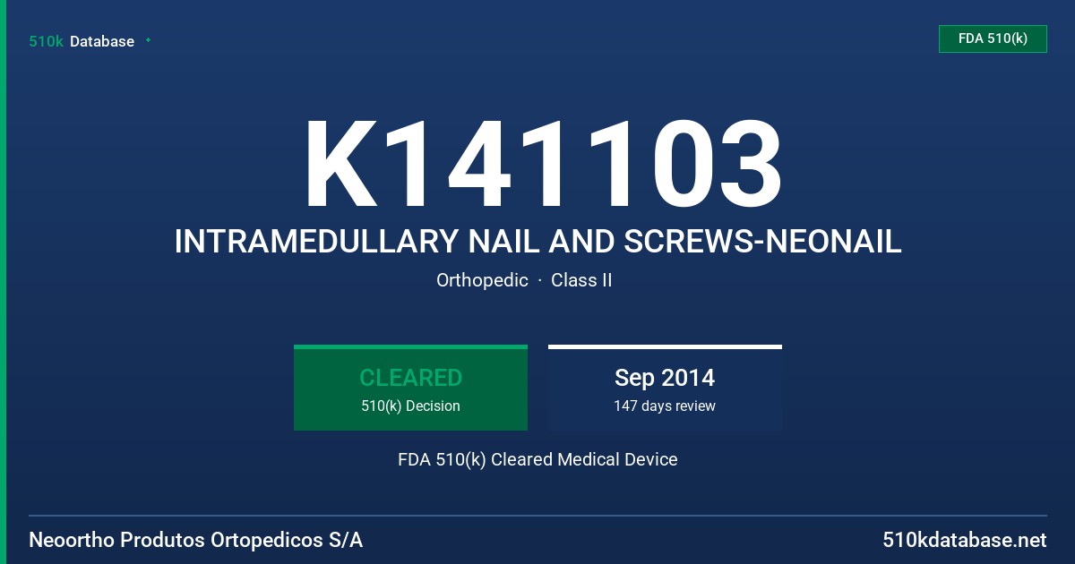 K141103 INTRAMEDULLARY NAIL AND SCREWS-NEONAIL FDA 510(k) Cleared Medical Device