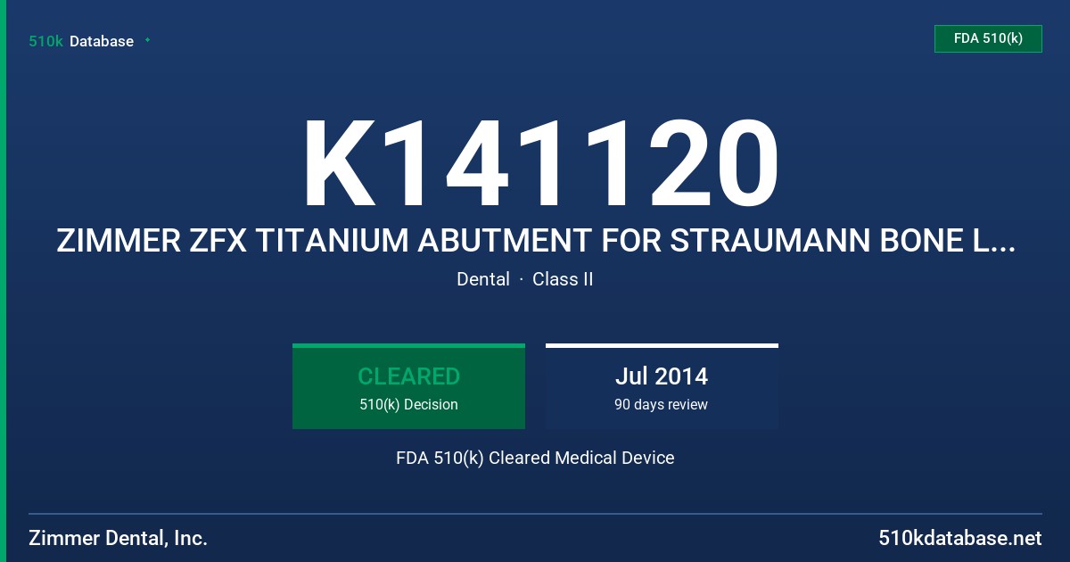 K141120 ZIMMER ZFX TITANIUM ABUTMENT FOR STRAUMANN BONE LEVEL IMPLANT SYSTEM FDA 510(k) Cleared Medical Device