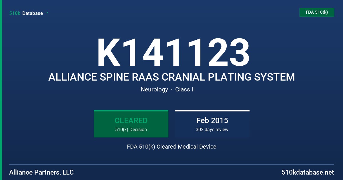 K141123 ALLIANCE SPINE RAAS CRANIAL PLATING SYSTEM FDA 510(k) Cleared Medical Device