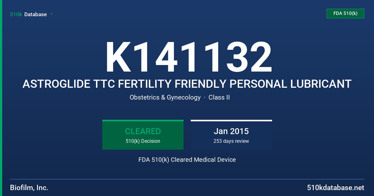 K141132 ASTROGLIDE TTC FERTILITY FRIENDLY PERSONAL LUBRICANT FDA 510(k) Cleared Medical Device