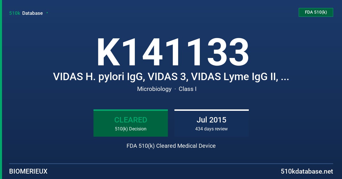 K141133 VIDAS H. pylori IgG, VIDAS 3, VIDAS Lyme IgG II, VIDAS RUB IgG, VIDAS TOXO M, VIDAS Human Chorionic Gonadotropin, VIDAS T4, VIDAS Testosterone, VIDAS TSH, and VIDAS D-Dimer Exclusion II FDA 510(k) Cleared Medical Device