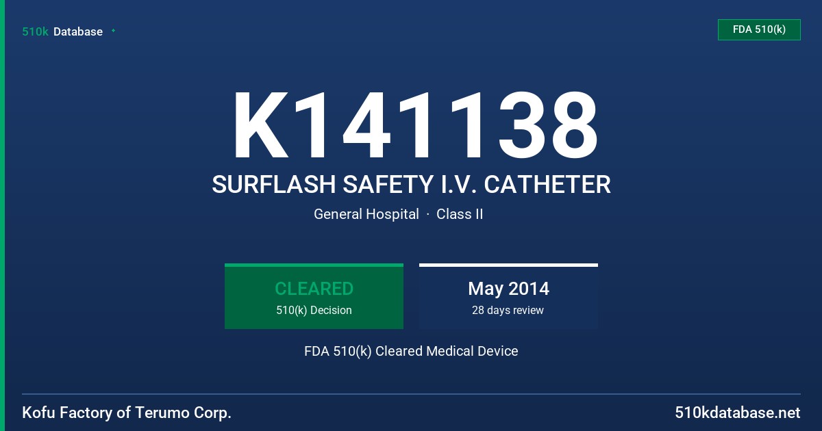 K141138 SURFLASH SAFETY I.V. CATHETER FDA 510(k) Cleared Medical Device