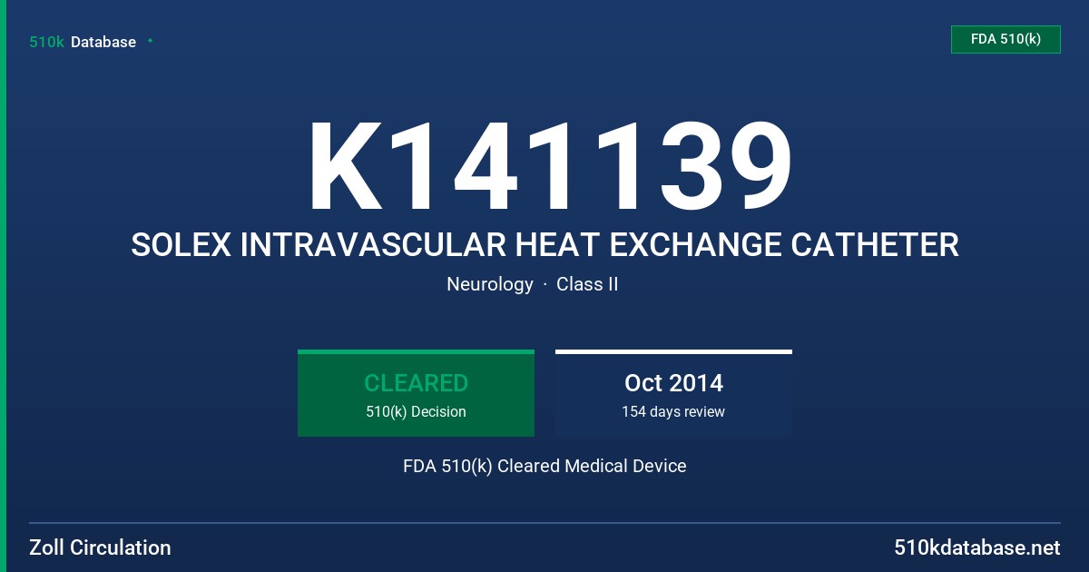 K141139 SOLEX INTRAVASCULAR HEAT EXCHANGE CATHETER FDA 510(k) Cleared Medical Device