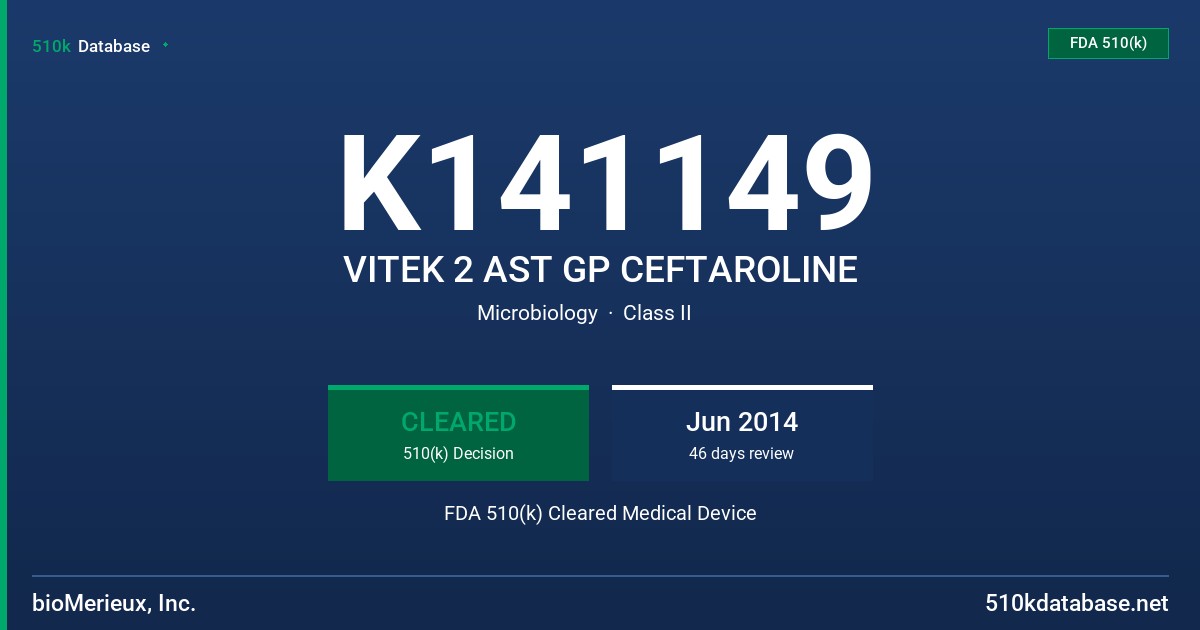 K141149 VITEK 2 AST GP CEFTAROLINE FDA 510(k) Cleared Medical Device