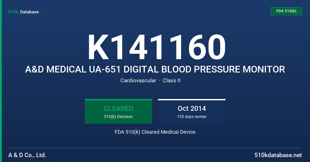 K141160 A&D MEDICAL UA-651 DIGITAL BLOOD PRESSURE MONITOR FDA 510(k) Cleared Medical Device