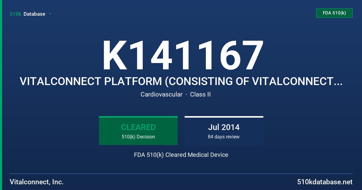 K141167 VITALCONNECT PLATFORM (CONSISTING OF VITALCONNECT SENSOR, RELAY SOFTWARE LIBRARY AND SECURE SERVER SOFTWARE LIBRARY) FDA 510(k) Cleared Medical Device