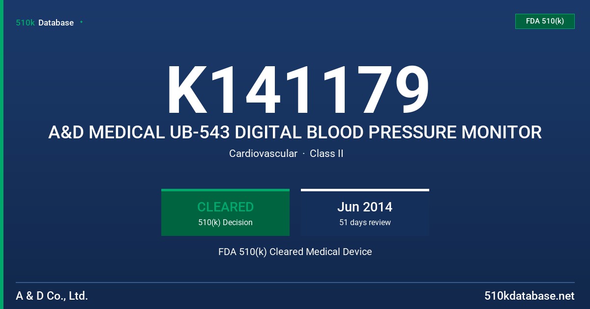 K141179 A&D MEDICAL UB-543 DIGITAL BLOOD PRESSURE MONITOR FDA 510(k) Cleared Medical Device