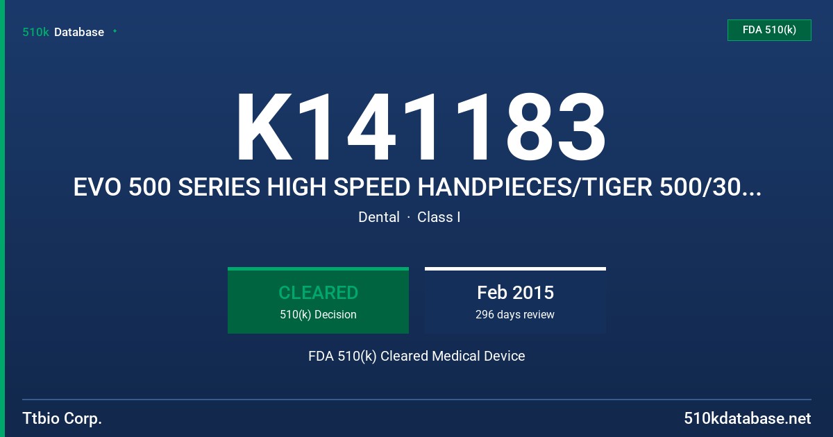 K141183 EVO 500 SERIES HIGH SPEED HANDPIECES/TIGER 500/300/101 SERIES HIGH SPEED HANDPIECES FDA 510(k) Cleared Medical Device