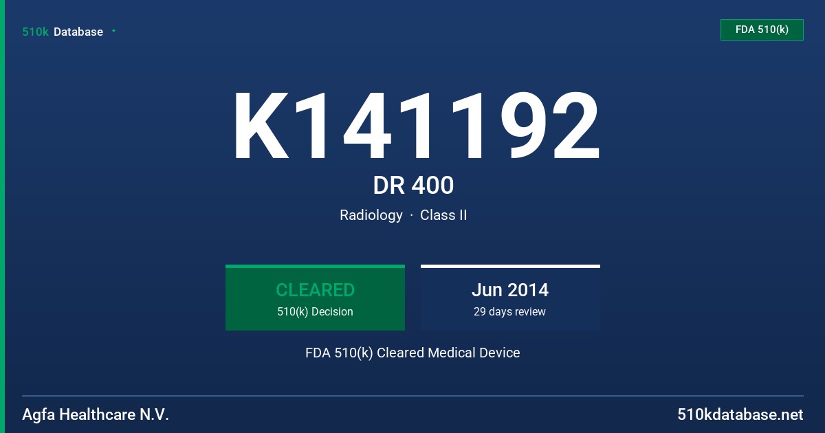 K141192 DR 400 FDA 510(k) Cleared Medical Device