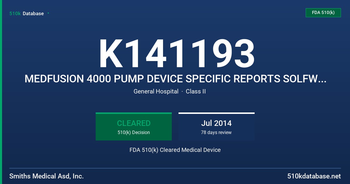 K141193 MEDFUSION 4000 PUMP DEVICE SPECIFIC REPORTS SOLFWARE FOR PHARMGUARD SERVER VERSION 2.0 FDA 510(k) Cleared Medical Device