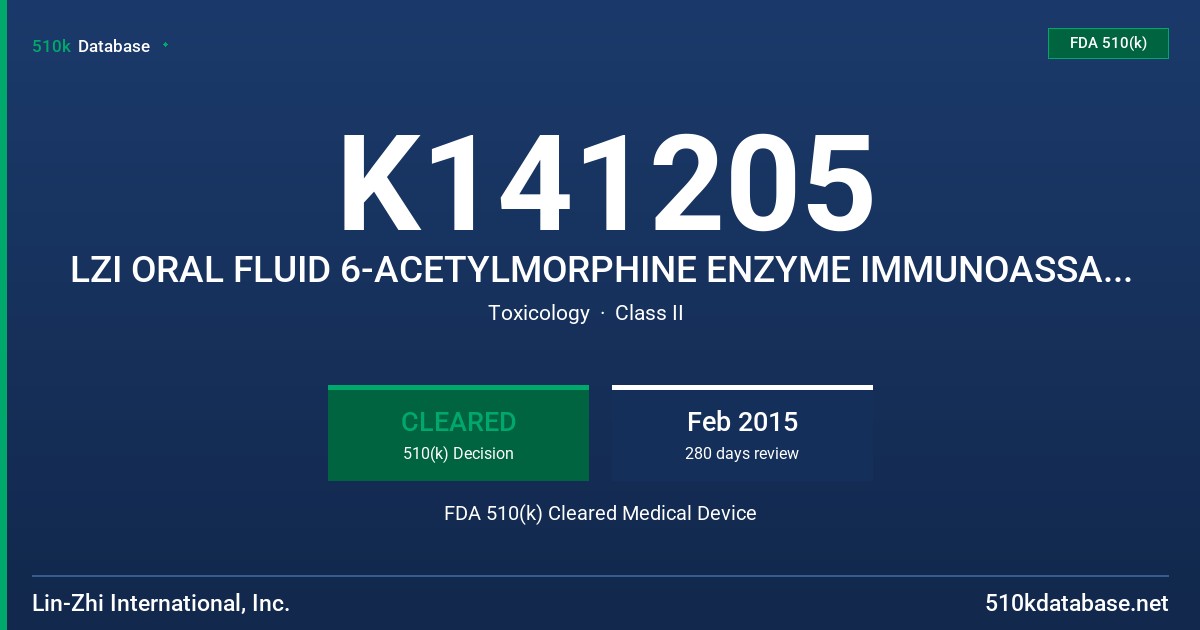 K141205 LZI ORAL FLUID 6-ACETYLMORPHINE ENZYME IMMUNOASSAY, LZI ORAL FLUID 6-ACETYLMORPHINE CALIBRATORS (5 ML), LZI ORAL FLUID 6 FDA 510(k) Cleared Medical Device