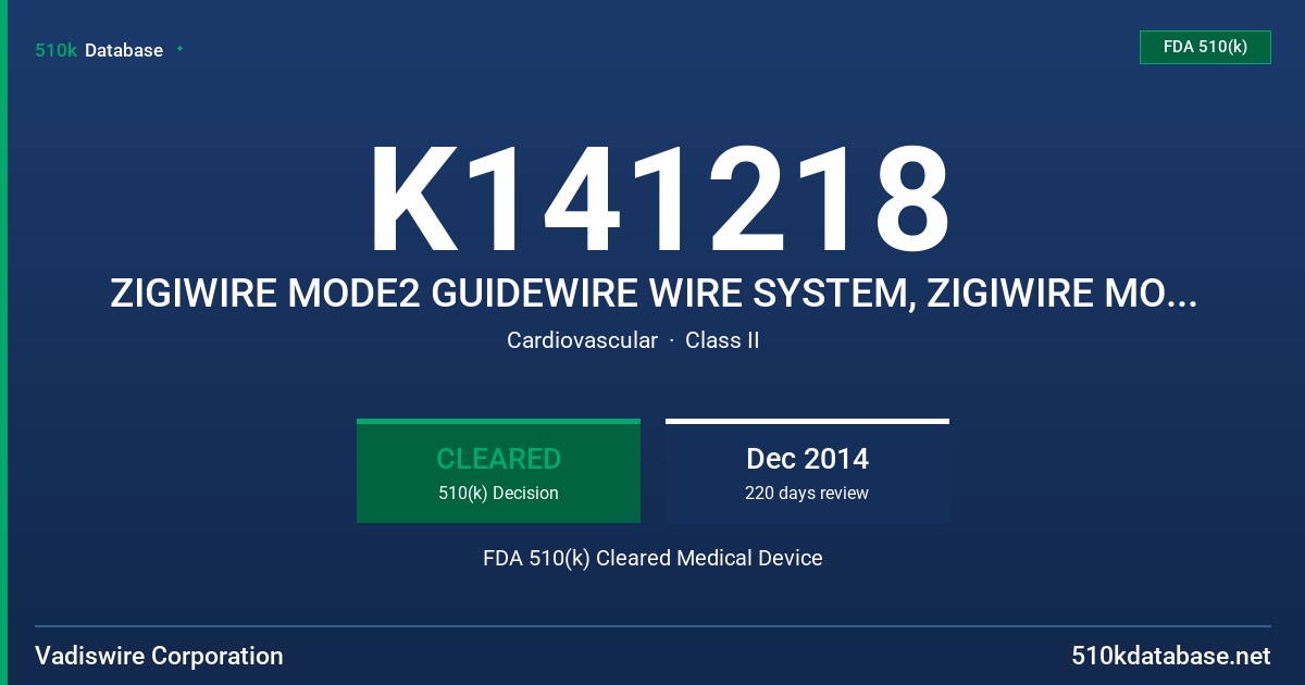 K141218 ZIGIWIRE MODE2 GUIDEWIRE WIRE SYSTEM, ZIGIWIRE MODE3 GUIDEWIRE WIRE SYSTEM FDA 510(k) Cleared Medical Device