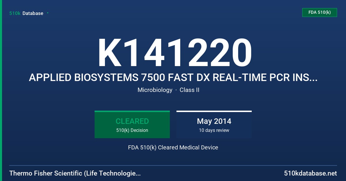 K141220 APPLIED BIOSYSTEMS 7500 FAST DX REAL-TIME PCR INSTRUMENT WITH SDS SOFTWARE FDA 510(k) Cleared Medical Device