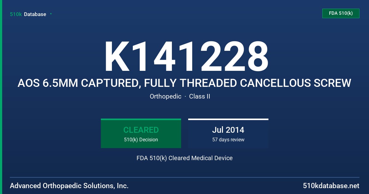K141228 AOS 6.5MM CAPTURED, FULLY THREADED CANCELLOUS SCREW FDA 510(k) Cleared Medical Device
