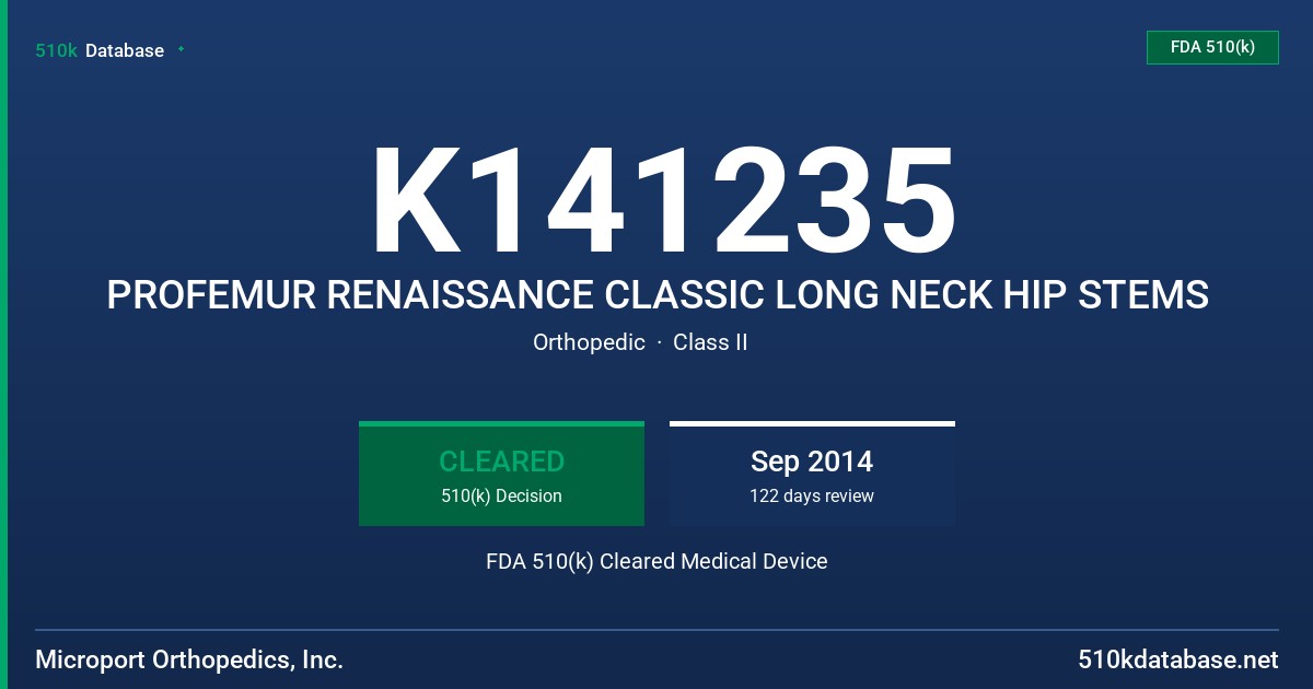 K141235 PROFEMUR RENAISSANCE CLASSIC LONG NECK HIP STEMS FDA 510(k) Cleared Medical Device