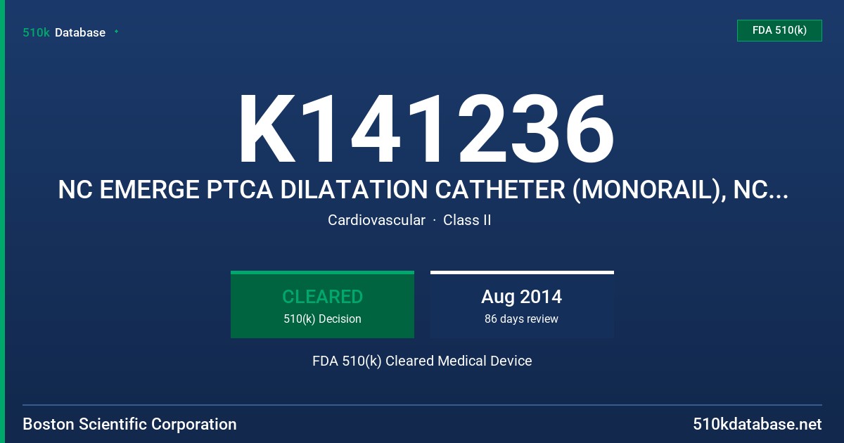 K141236 NC EMERGE PTCA DILATATION CATHETER (MONORAIL), NC EMERGE PTCA DILATATION CATHETER (OVER-THE-WIRE) FDA 510(k) Cleared Medical Device
