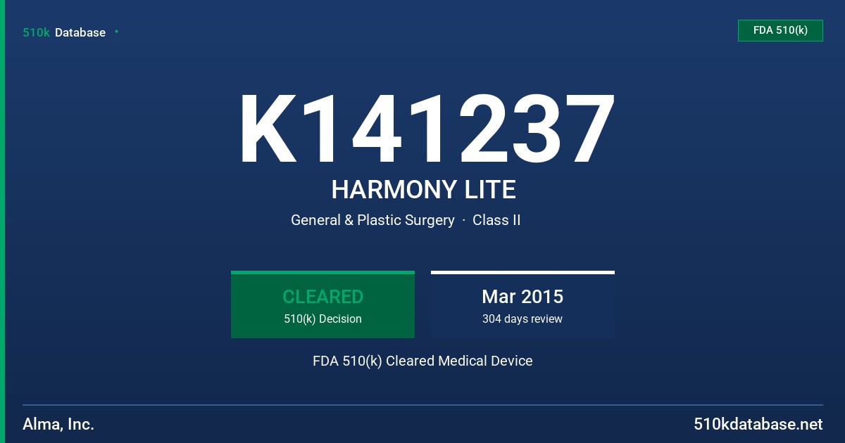 K141237 HARMONY LITE FDA 510(k) Cleared Medical Device