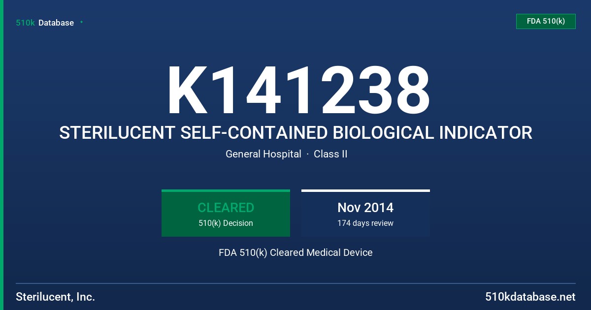 K141238 STERILUCENT SELF-CONTAINED BIOLOGICAL INDICATOR FDA 510(k) Cleared Medical Device