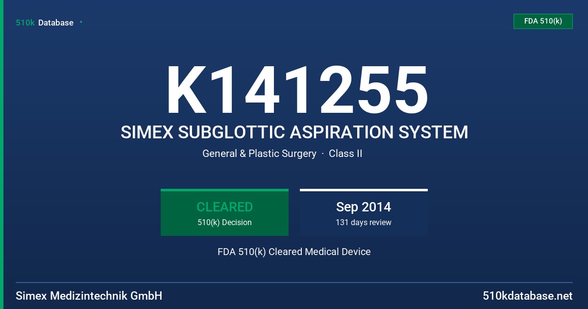 K141255 SIMEX SUBGLOTTIC ASPIRATION SYSTEM FDA 510(k) Cleared Medical Device