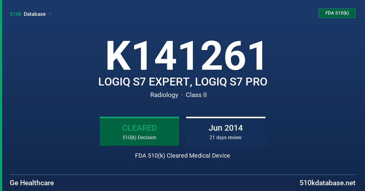K141261 LOGIQ S7 EXPERT, LOGIQ S7 PRO FDA 510(k) Cleared Medical Device