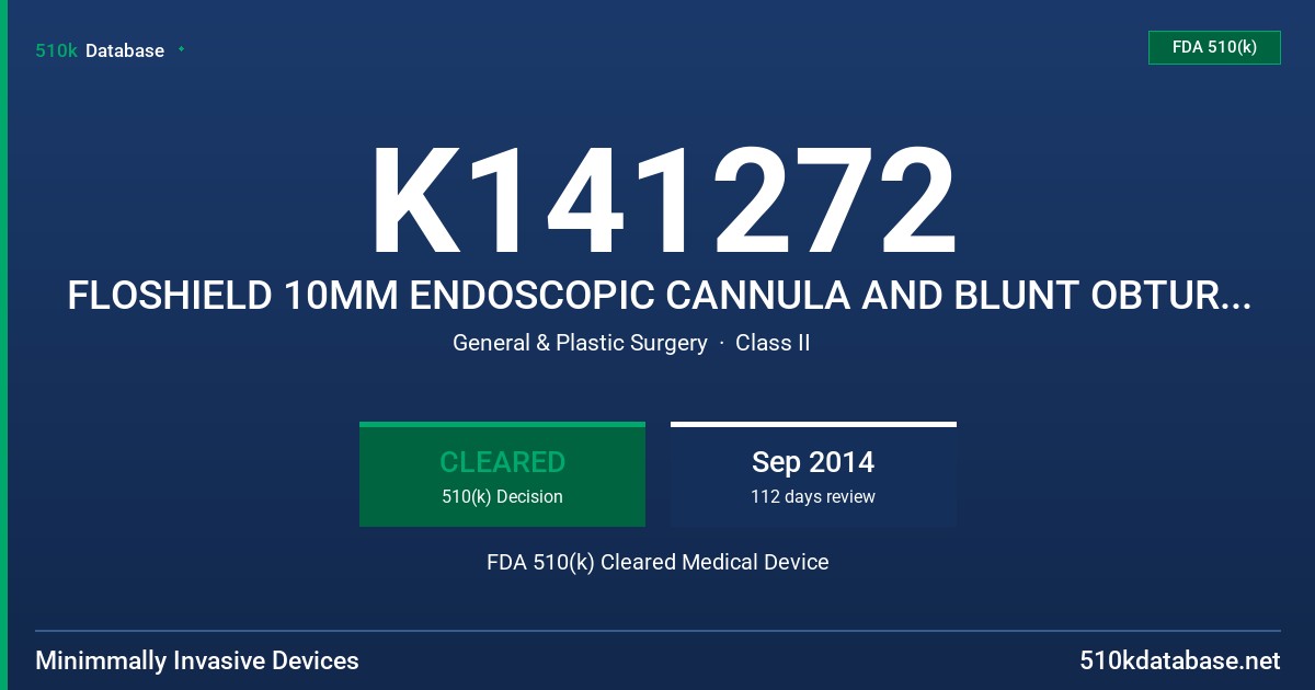K141272 FLOSHIELD 10MM ENDOSCOPIC CANNULA AND BLUNT OBTURATOR, FLOSHIELD 10MM ENDOSCOPIC CANNULA, FLOSHIELD 10MM BLUNT OBTURATOR FDA 510(k) Cleared Medical Device