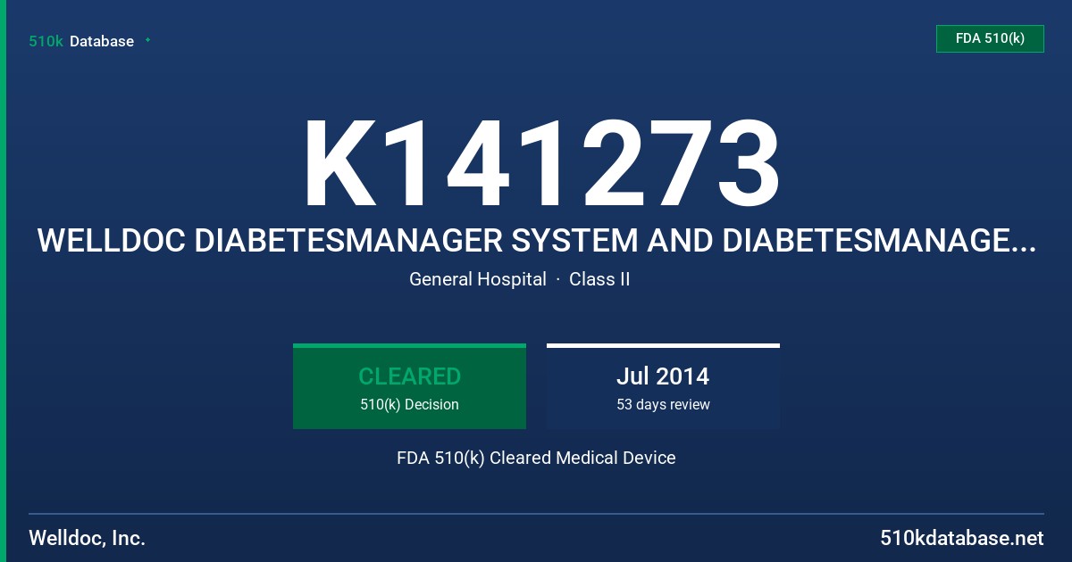 K141273 WELLDOC DIABETESMANAGER SYSTEM AND DIABETESMANAGER- RX SYSTE FDA 510(k) Cleared Medical Device