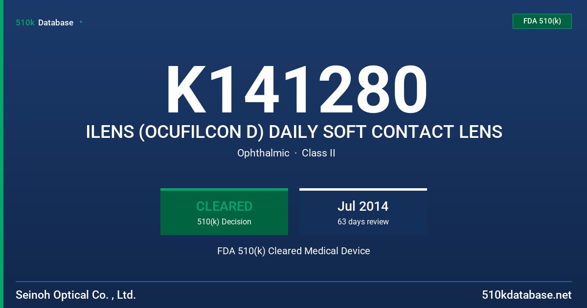 K141280 ILENS (OCUFILCON D) DAILY SOFT CONTACT LENS FDA 510(k) Cleared Medical Device