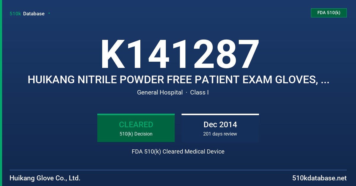 K141287 HUIKANG NITRILE POWDER FREE PATIENT EXAM GLOVES, BLUE COLOR FDA 510(k) Cleared Medical Device