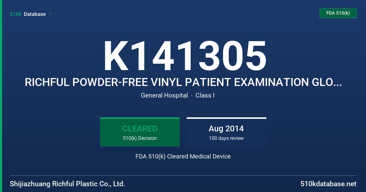 K141305 RICHFUL POWDER-FREE VINYL PATIENT EXAMINATION GLOVES, CLEAR (NON-COLORED) FDA 510(k) Cleared Medical Device