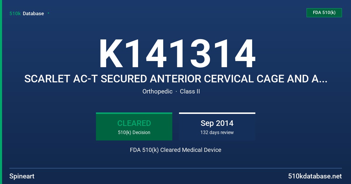 K141314 SCARLET AC-T SECURED ANTERIOR CERVICAL CAGE AND ASSOCIATED INSTRUMENTATION FDA 510(k) Cleared Medical Device